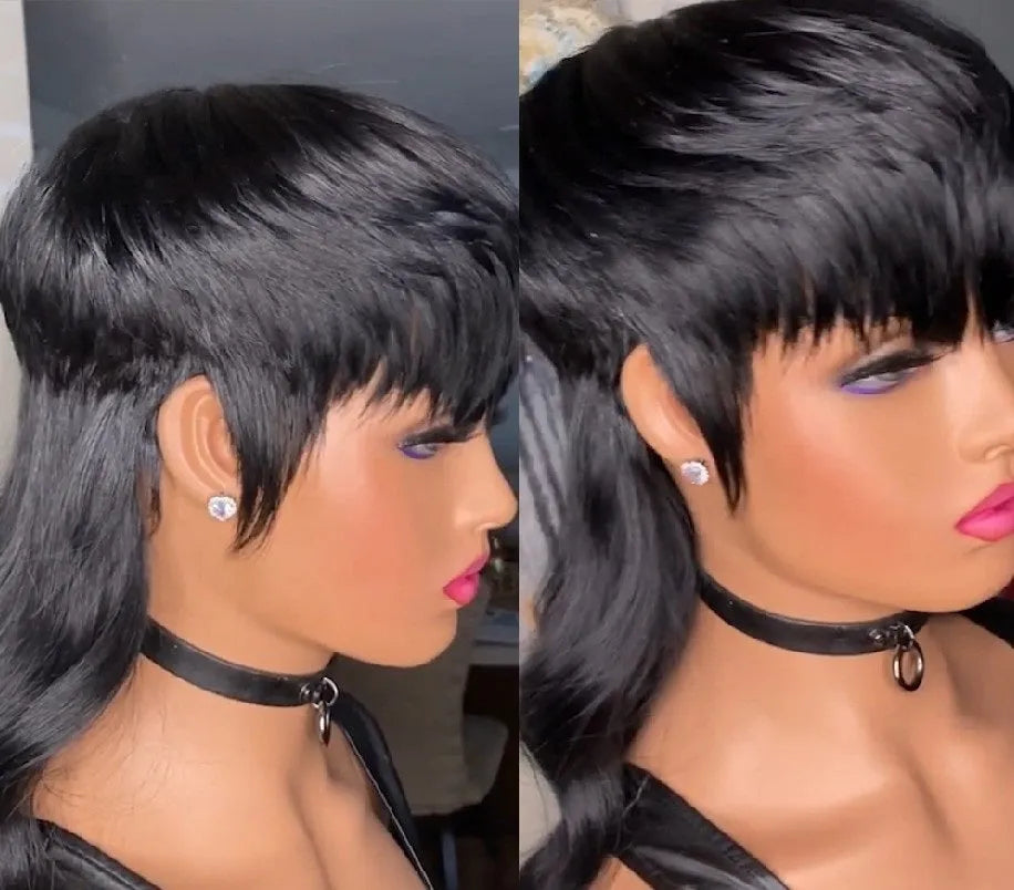 Brazilian style synthetic wig with black bangs, short hair at front and long hair at back.