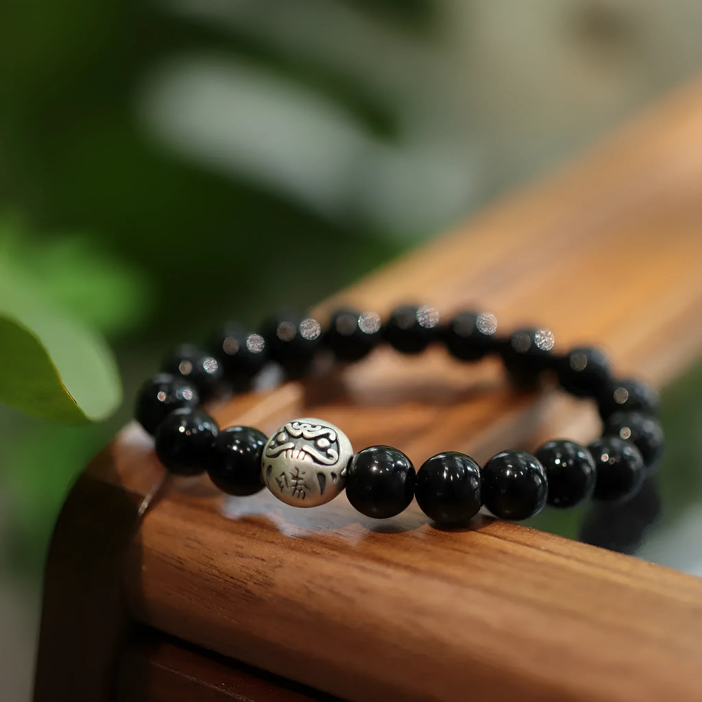 Black agate and sterling silver bracelet with 10mm beads and Chinese style clasp