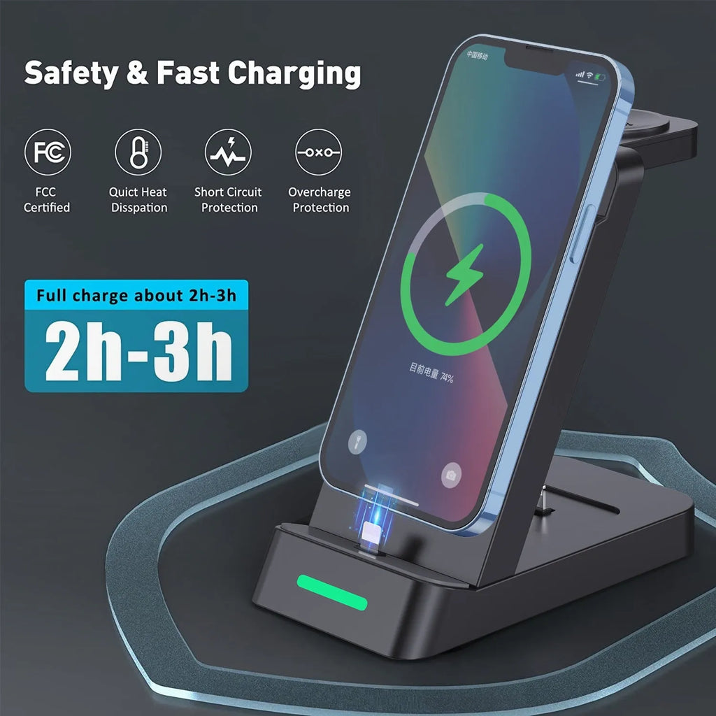 Black three-in-one wireless charging station showing phone, watch and earbuds charging simultaneously