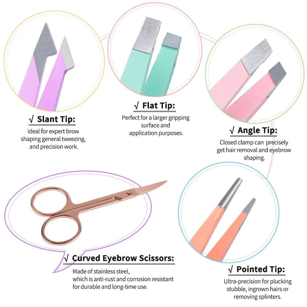 Professional eyebrow tweezers set showing stainless steel tools in leather case with protective covers