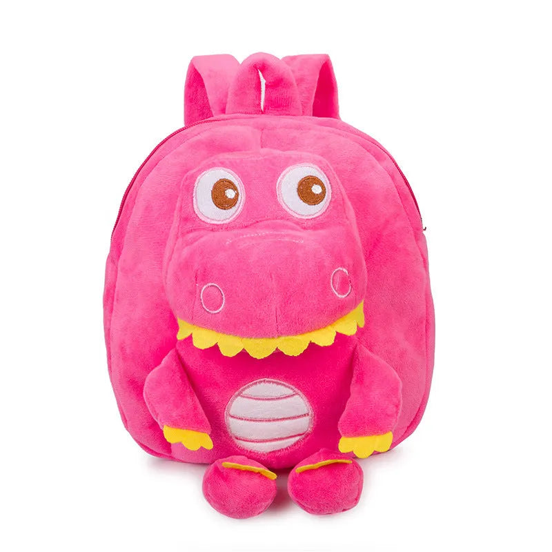 Soft blue dinosaur plush backpack for children with embroidery and a soft handle