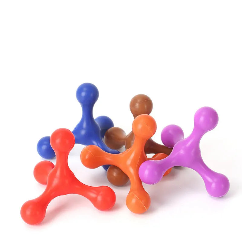 Blue three-legged silicone chew toy for small dogs on white background