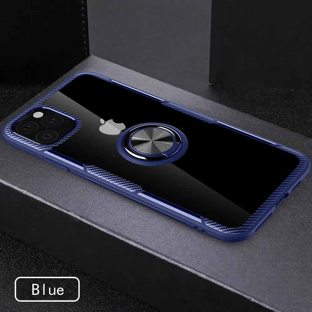 Black iPhone case with detachable car holder arm mounted on dashboard showing shockproof PC construction