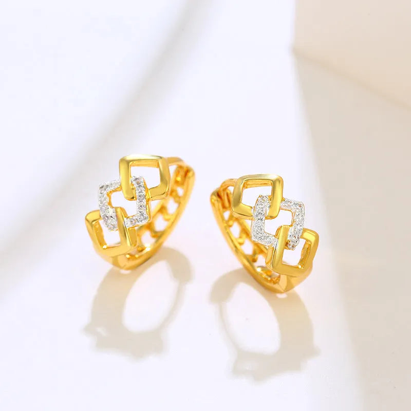 Gold geometric hollow out clip-on earrings with electroplated alloy construction