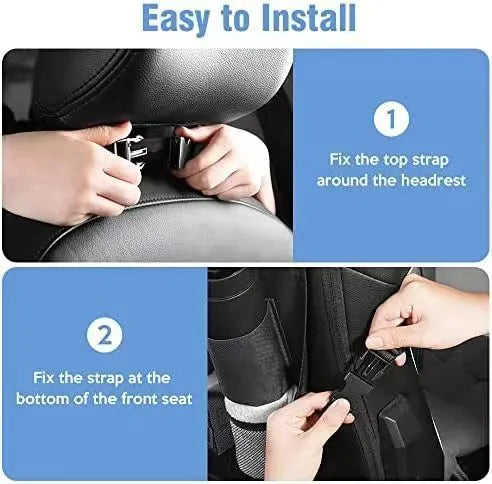 Black Oxford cloth car seat back storage bag hanging behind vehicle seat