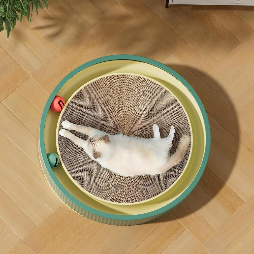 Large circular cat scratching board with integrated ball toys measuring 45cm diameter
