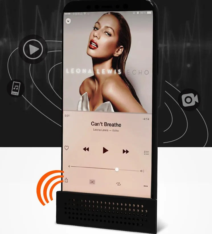 Portable black ABS plastic mobile phone amplifier bracket holding an iPhone in horizontal position.