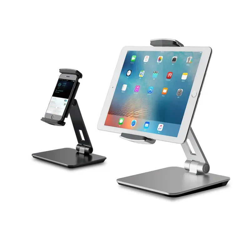 Folding aluminium phone and tablet stand with 360-degree rotation in silver colour