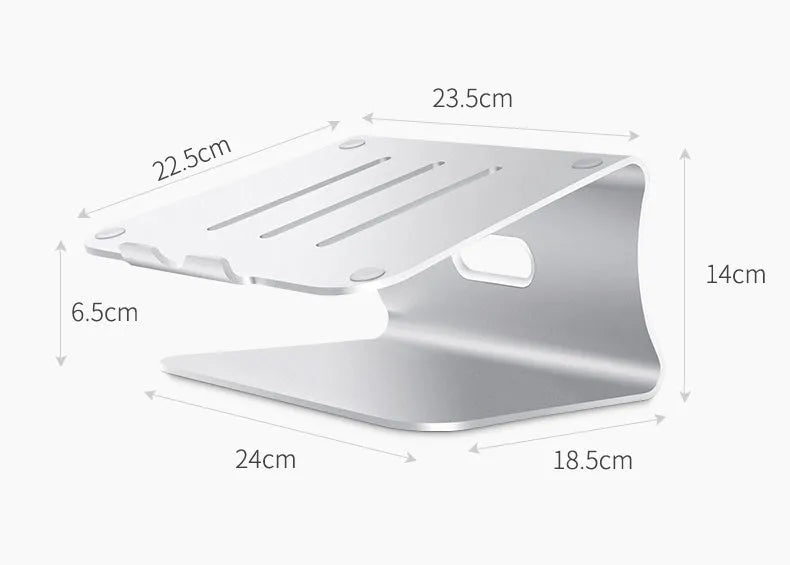 Aluminium laptop cooling bracket in silver colour with rotating base design.