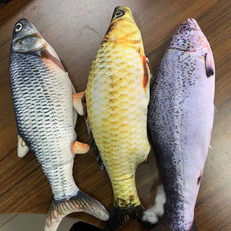 Multicolour 30cm long electronic jumping fish cat toy with USB cable.