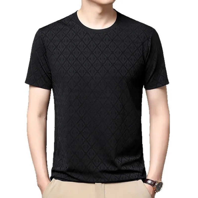 Men's black jacquard pattern short sleeve T-shirt with round neck and loose fit casual design