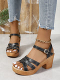 Plus size black women's peep toe sandals with chunky heel and ankle buckle strap.