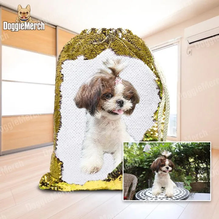 Custom purple sequins drawstring backpack with a printed dog photo, showing the 34cm x 45cm size.
