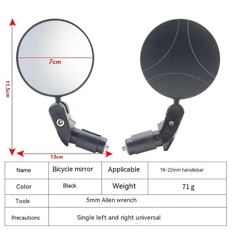 Black ABS convex rearview mirror showing 14cm length and 7cm diameter with rotation adjustment