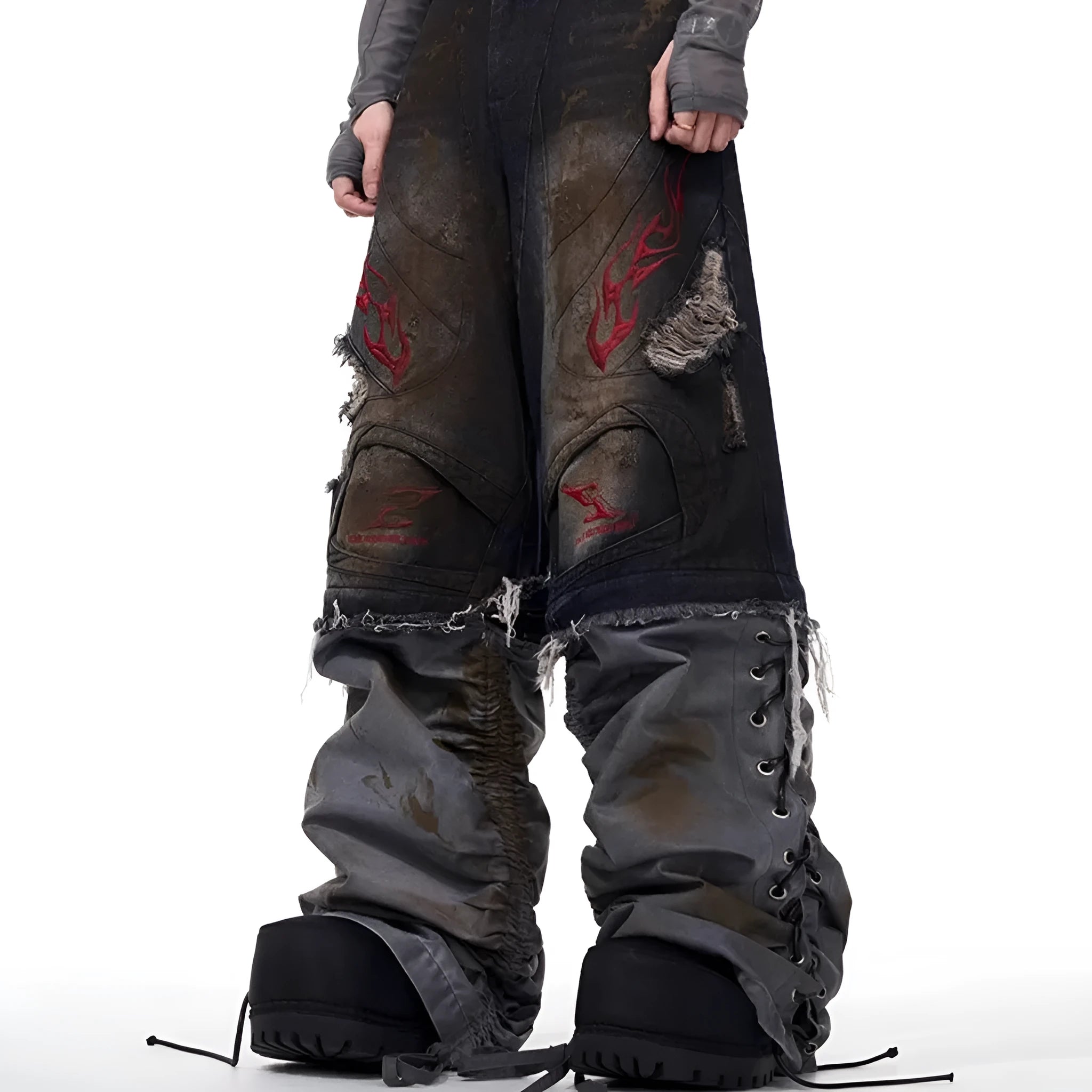 Man wearing retro-style wide leg jeans with detachable trouser legs in a picture colour denim.