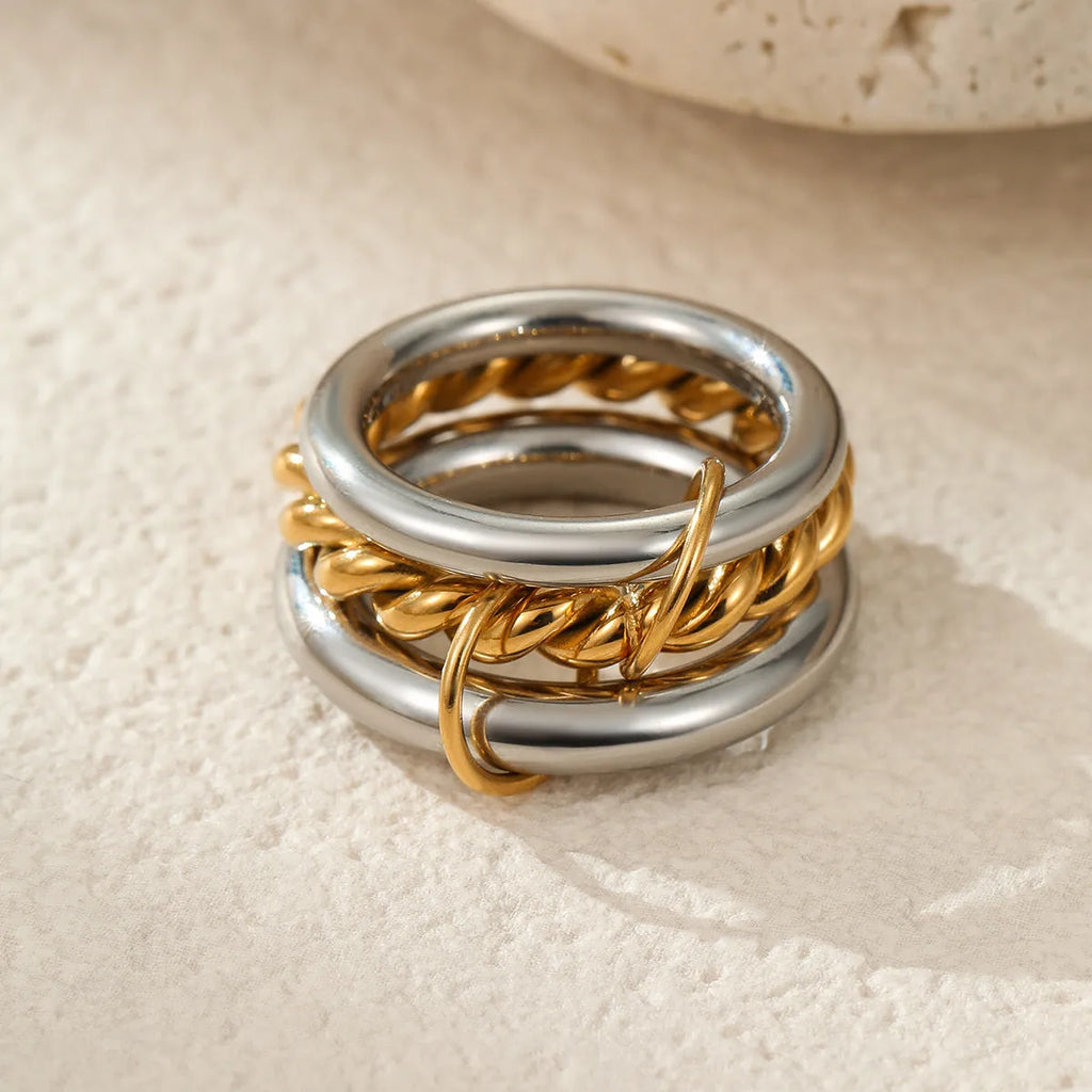Stacked colour matching stainless steel ring set with 18K gold plating for women