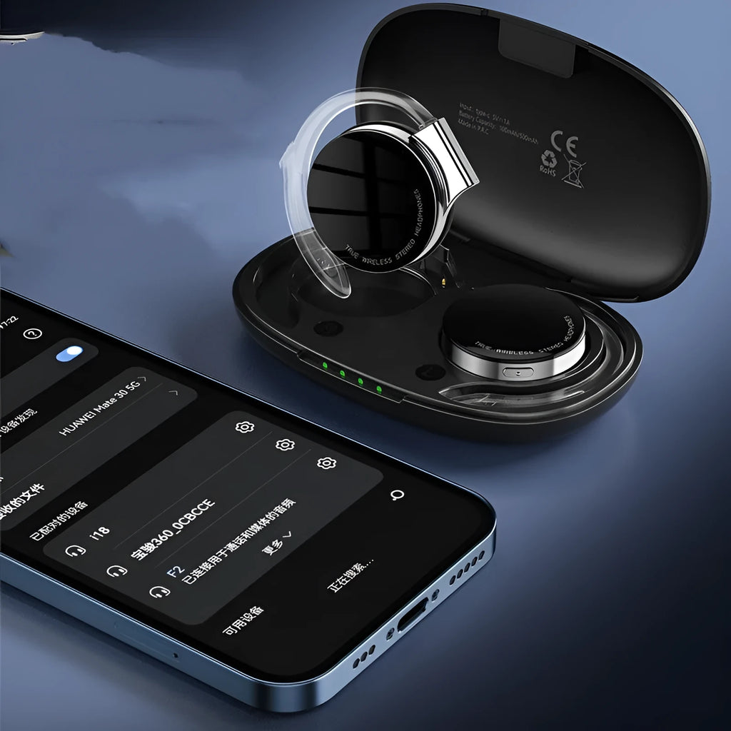 Black and white sports wireless Bluetooth earphones with ear plug design showing 15m range and Bluetooth 5.2 features