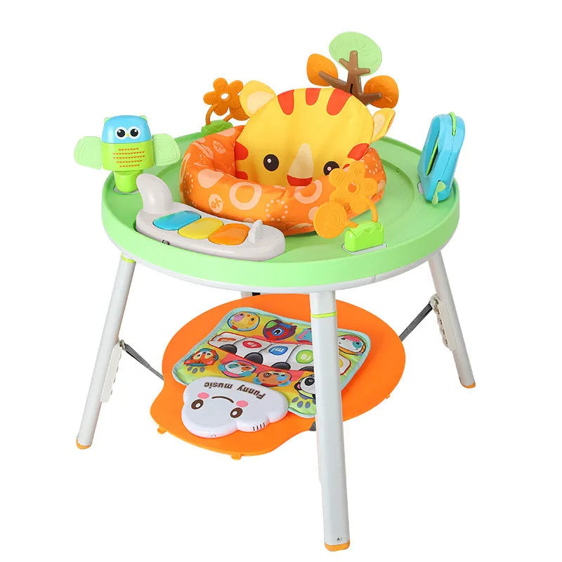 A white baby jumping chair activity centre with a bouncing seat, gymnastic rack, and toys in a duck or lion character design.