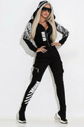 Black women's casual suit set with wings print on hooded zip-top and matching trousers