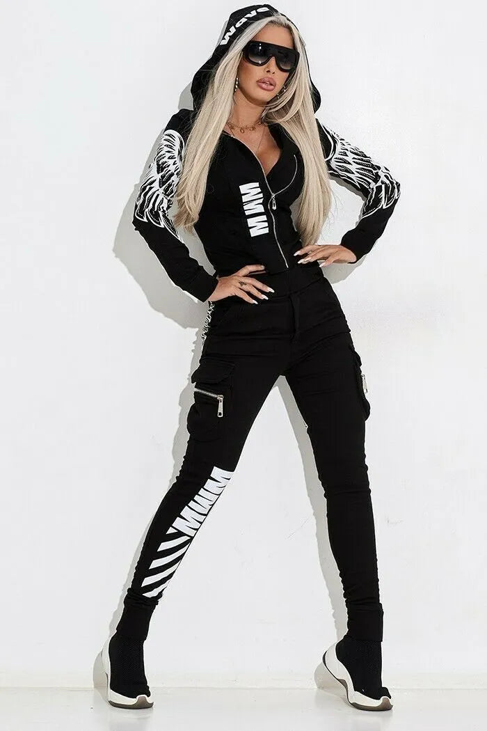 Black women's casual suit set with wings print on hooded zip-top and matching trousers