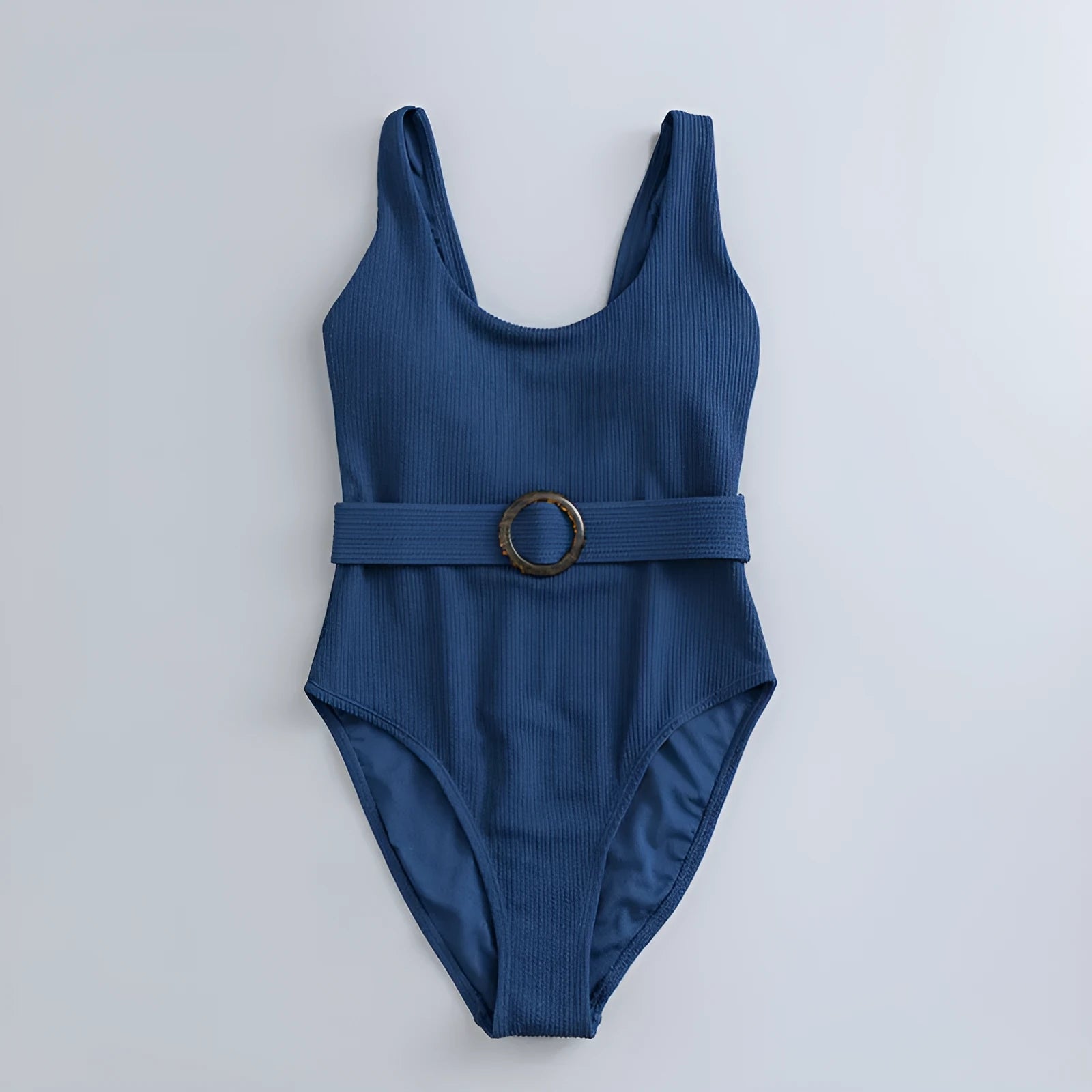 Navy blue women's one-piece slimming swimsuit with removable chest pads