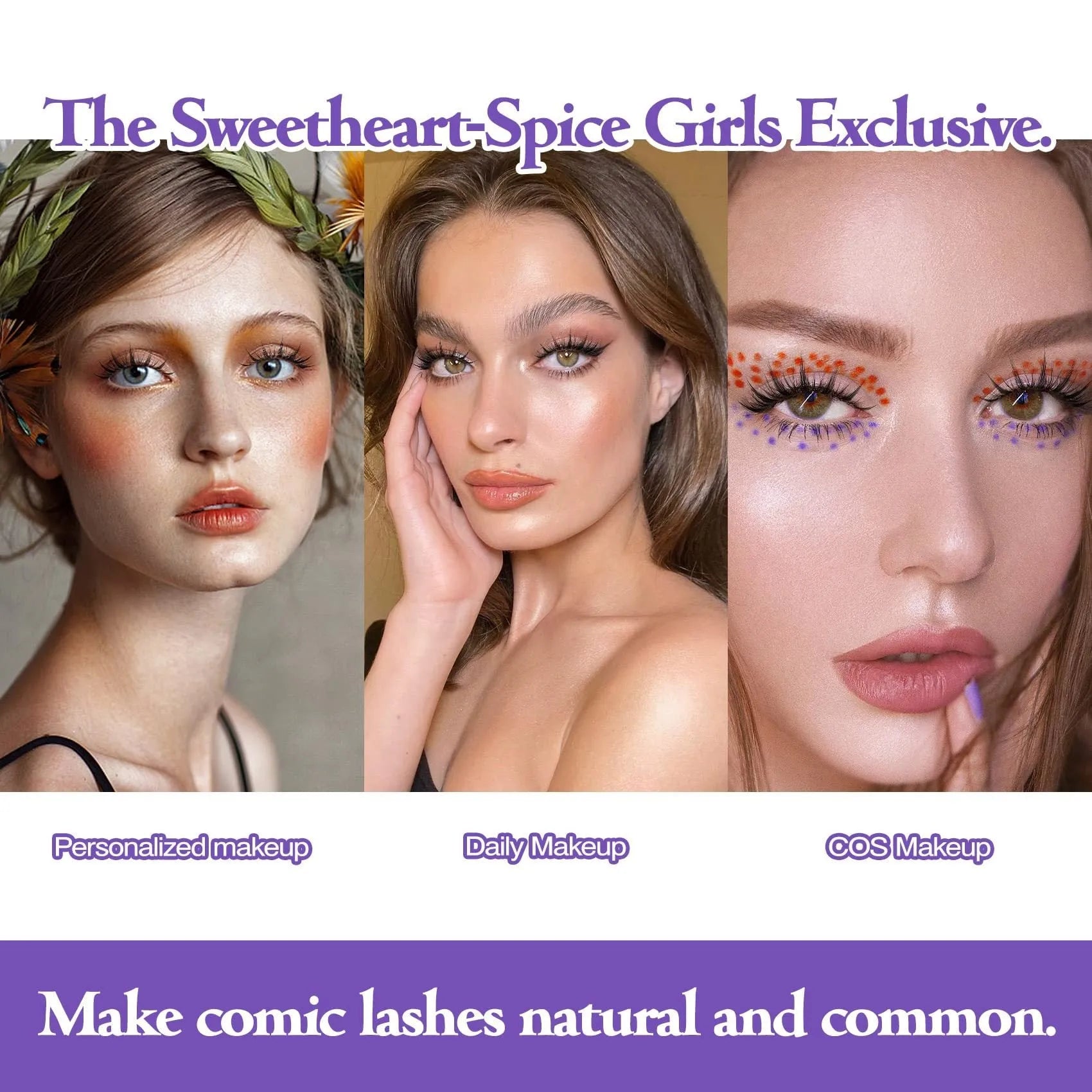 Set of manga anime style false eyelashes showing three styles 007, 008, 009 on a plastic black terrier band.