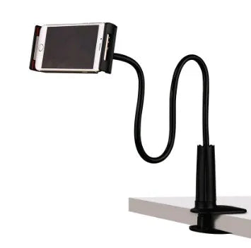 Black oversize flat panel bedside phone holder with long flexible aluminium arm on a table