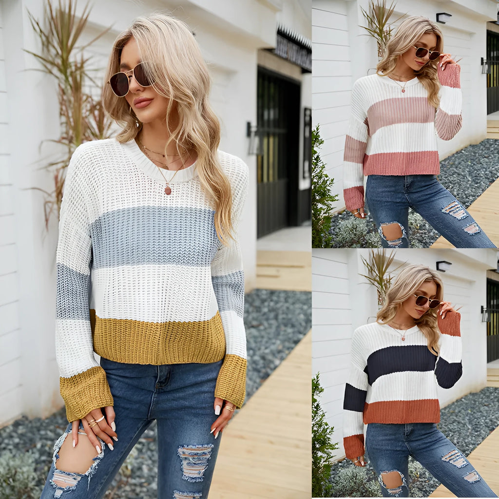 Women's striped acrylic pullover with short 40cm length in pink, blue, or yellow options