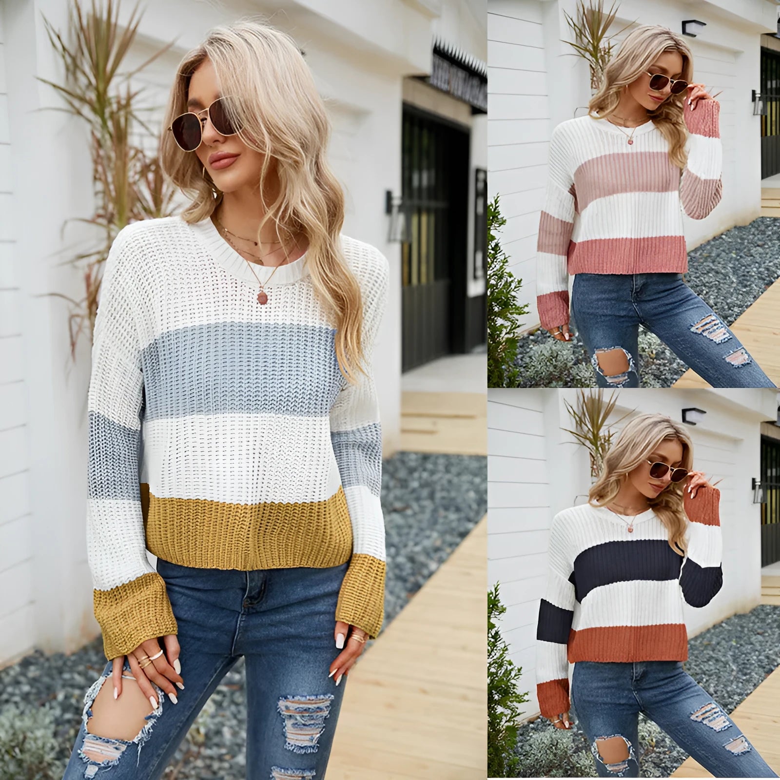 Women's striped acrylic pullover with short 40cm length in pink, blue, or yellow options