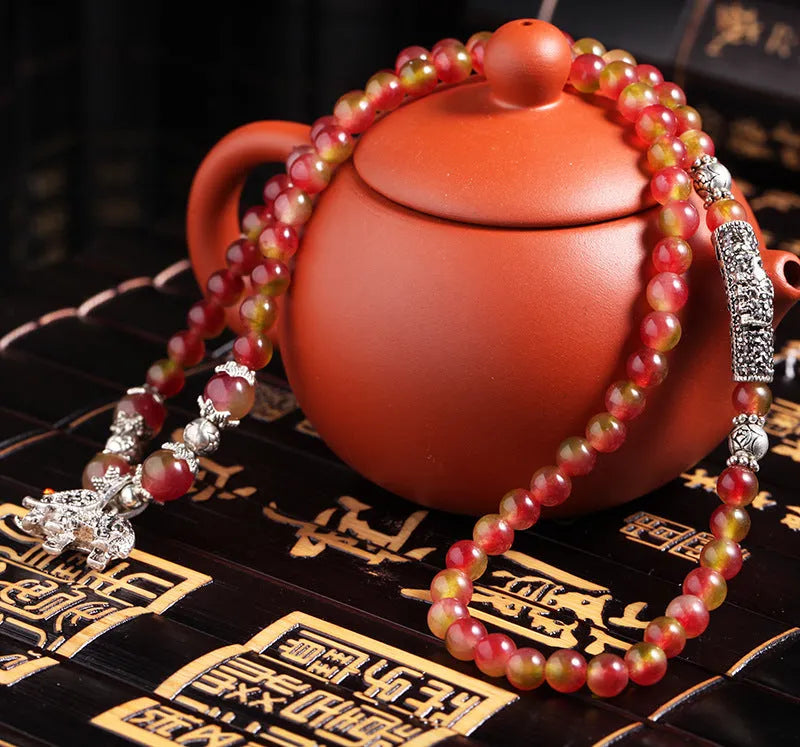 Handmade natural watermelon crystal bracelet with Chinese knot in elephant style geometry design