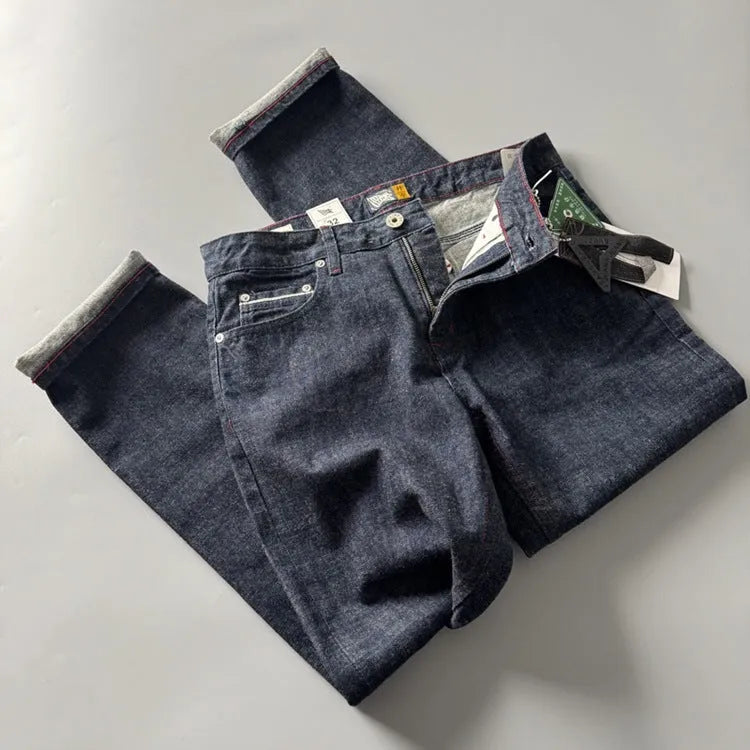 Men's straight-leg denim trousers in primary colour with American retro styling and mid-waist design