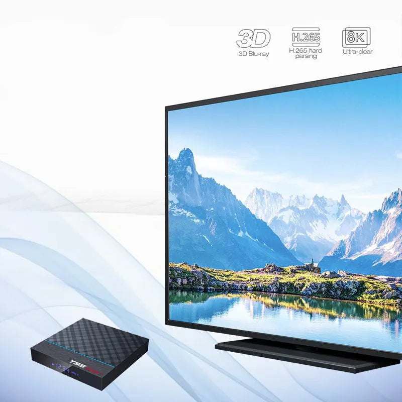 Black T95 Max Plus Android TV Box with remote, showing choice of EU, UK and US power plugs.