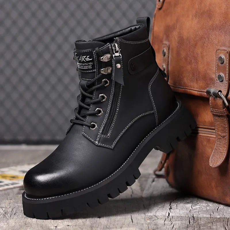 Men's brown leather high-top Martin boots with a side zipper and round toe.