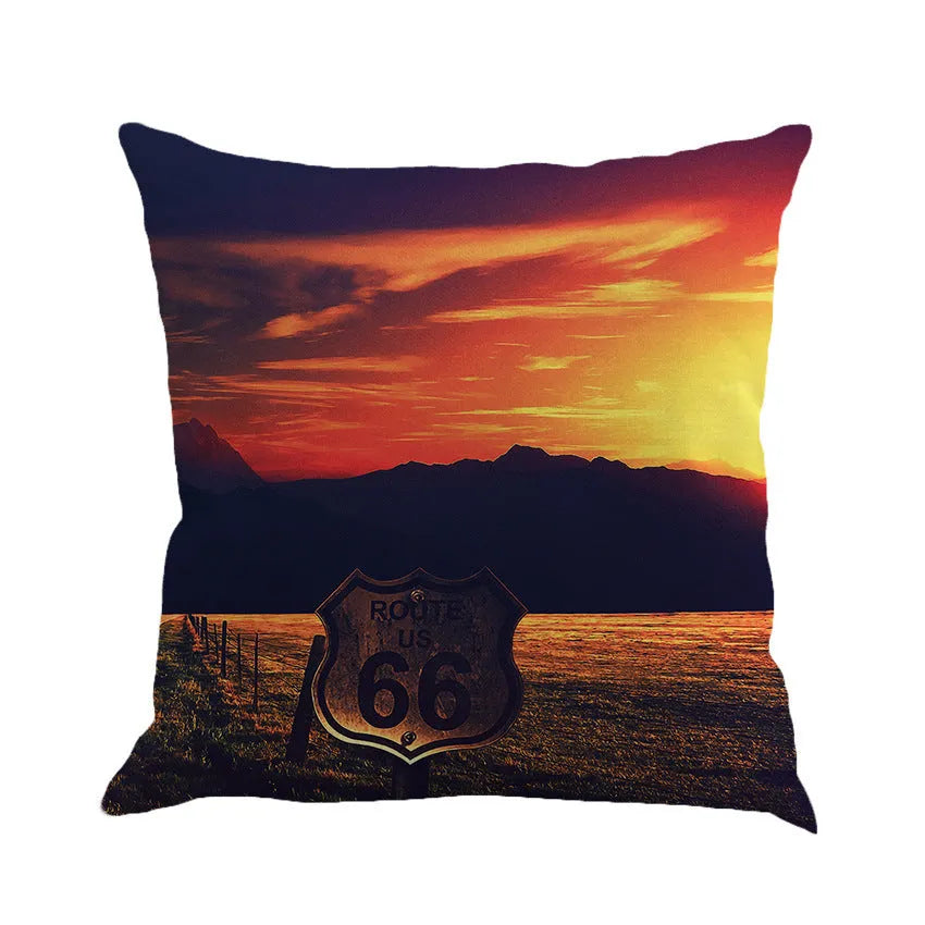 Linen cushion cover with Route 66 landscape pattern measuring 45cm by 45cm in European style