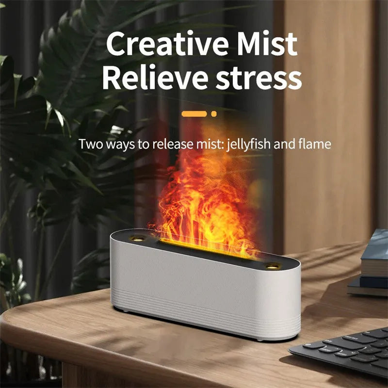 Black Flame Air Ultrasonic Humidifier emitting cool mist with a multi-colour LED flame light effect on a wooden table.