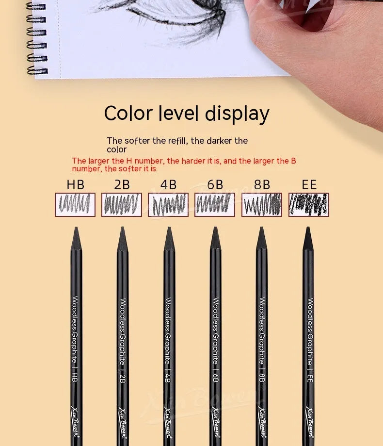 Wood-free graphite sketching pencils set with six grades HB 2B 4B 6B 8B EE for art drawing