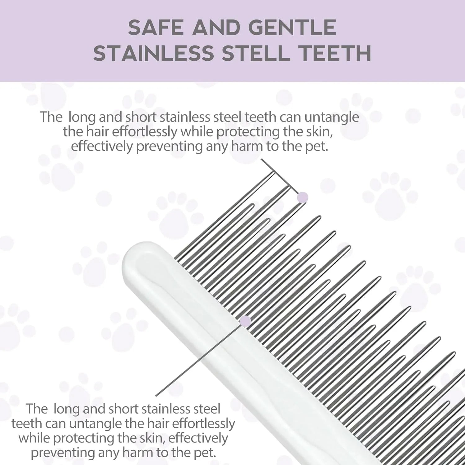 Purple pet detangling comb with stainless steel teeth on wooden surface
