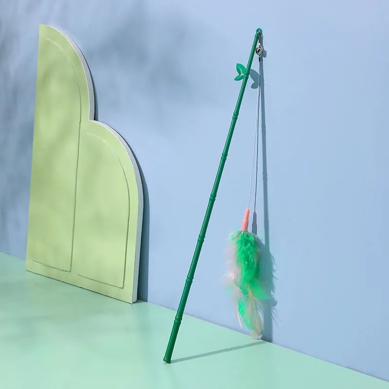 Green interactive cat feather wand toy with bell and colourful refill feathers
