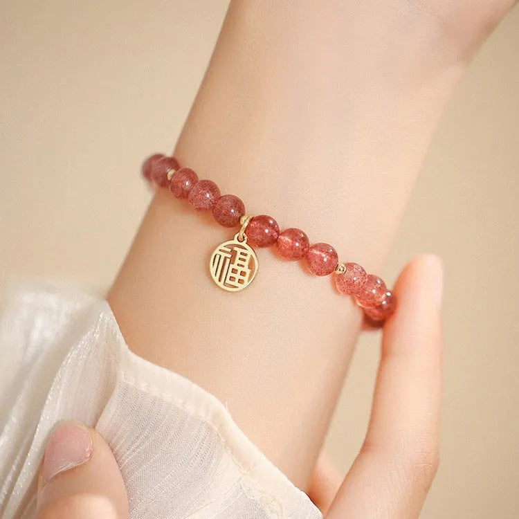 Strawberry quartz glass bead blessing card bracelet for women, New Chinese style, universal wrist size, manual crafted