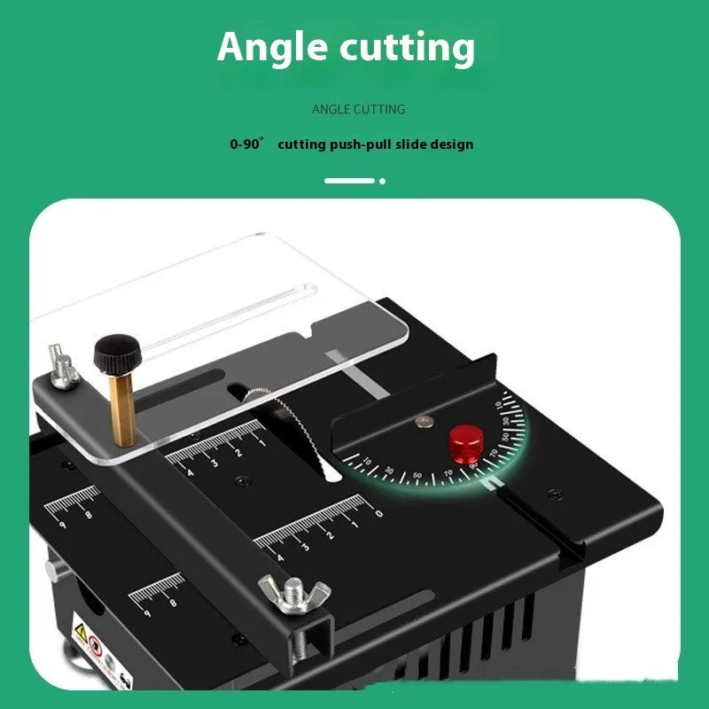 Lithium ion micro household desktop saw with metal construction and rechargeable battery system