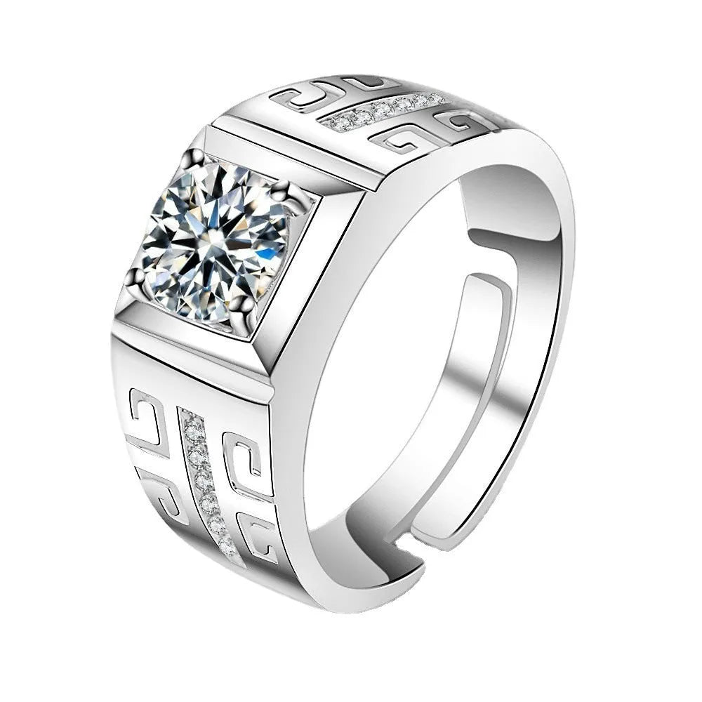 Adjustable copper men's ring with large square diamond design in gold colour on finger