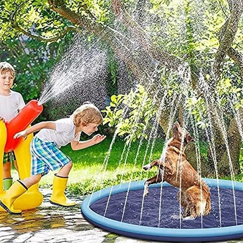 Anti-slip dog splash pad with sprinkler jets, shown in a garden setting.