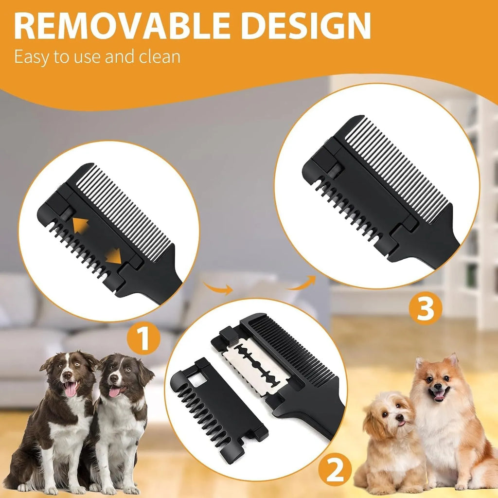 Pet razor comb and trimmer tool with comb teeth and blade, includes replacement blades, for dog and cat grooming.