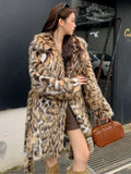 Artificial faux fur fashion coat with fur collar and pockets in 80cm length