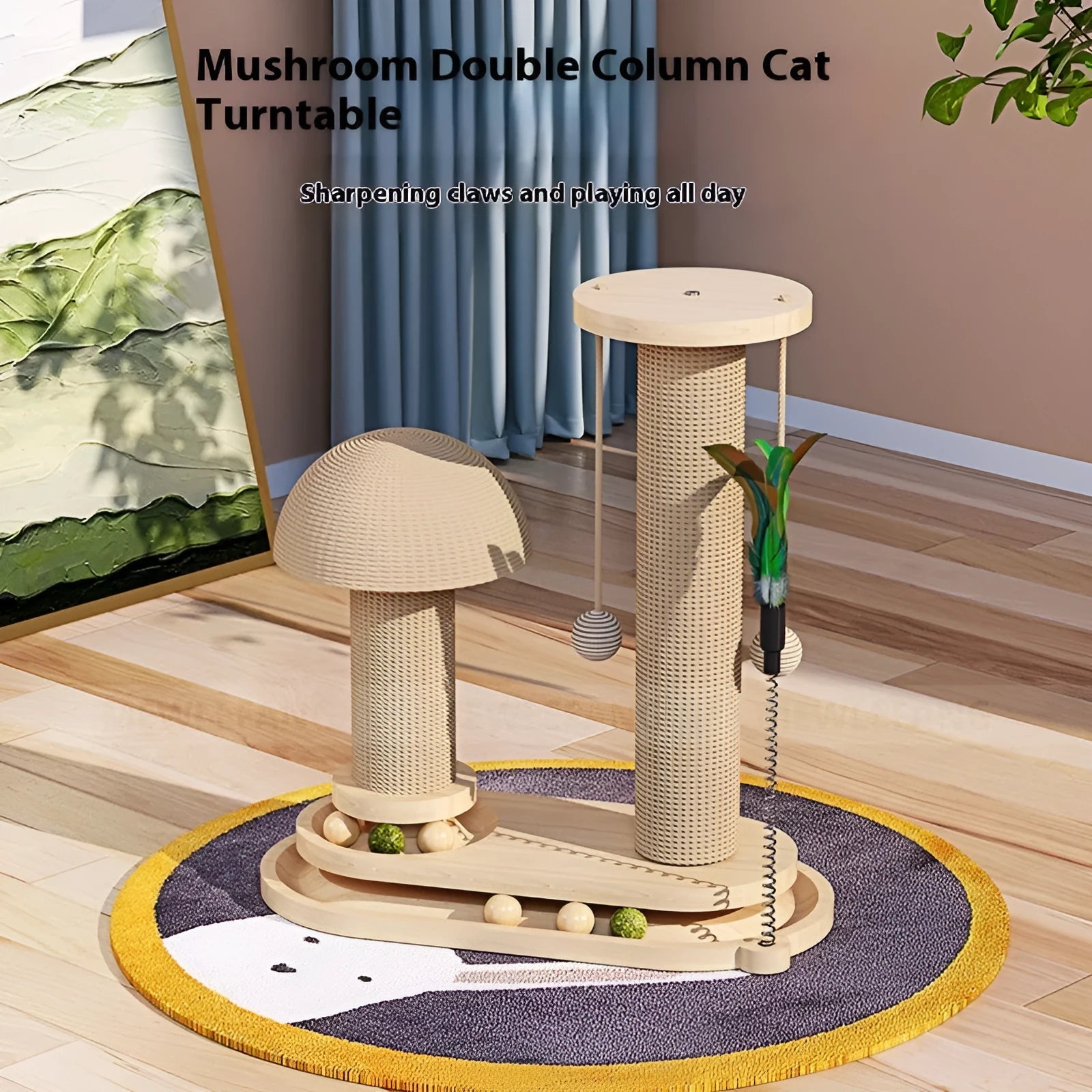 Solid wood cat scratching post with sisal rope base and central rotating turntable platform.