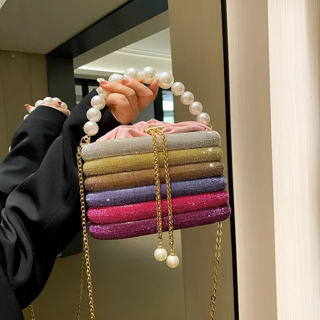 Women's retro style crossbody dinner bag with pearl detailing in soft PU leather