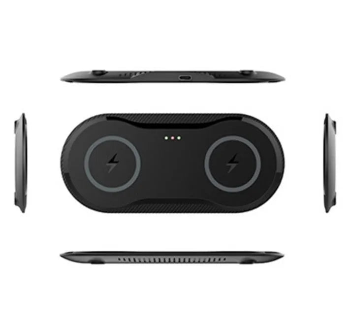 Black dual wireless charging pad charging two smartphones simultaneously on desk