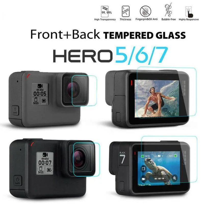 GoPro Hero 5 6 7 transparent tempered glass lens and LCD screen protector films laid flat.