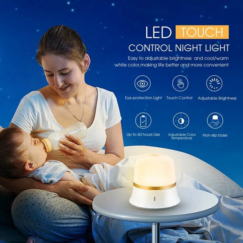 White bedside touch night light showing dimming control and colour change features