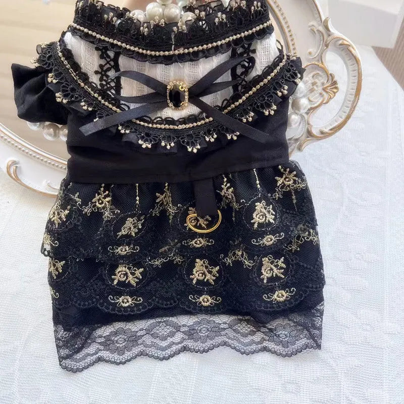 Golden gothic princess skirt for small dog or cat showing size measurements